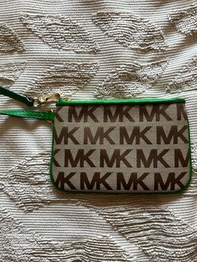 Michael Kors Brown MK Logo Wristlet with Green Trim